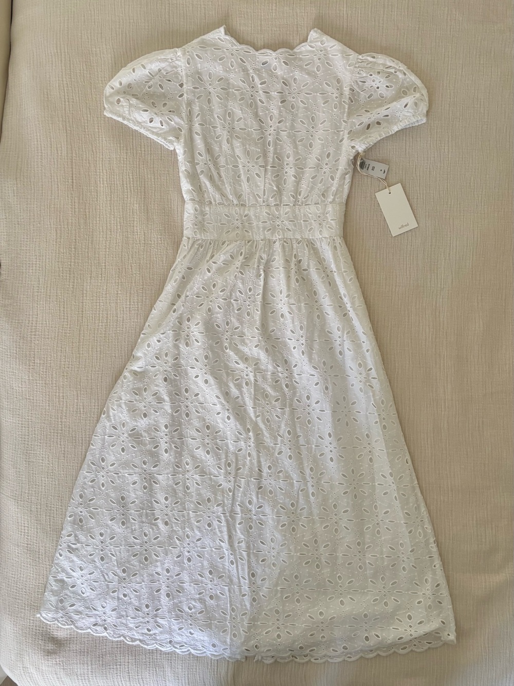 Wilfred White Eyelet Mini Dress Puff Sleeve Button Front - Size 00 *NWT* - Picture 2 of 9